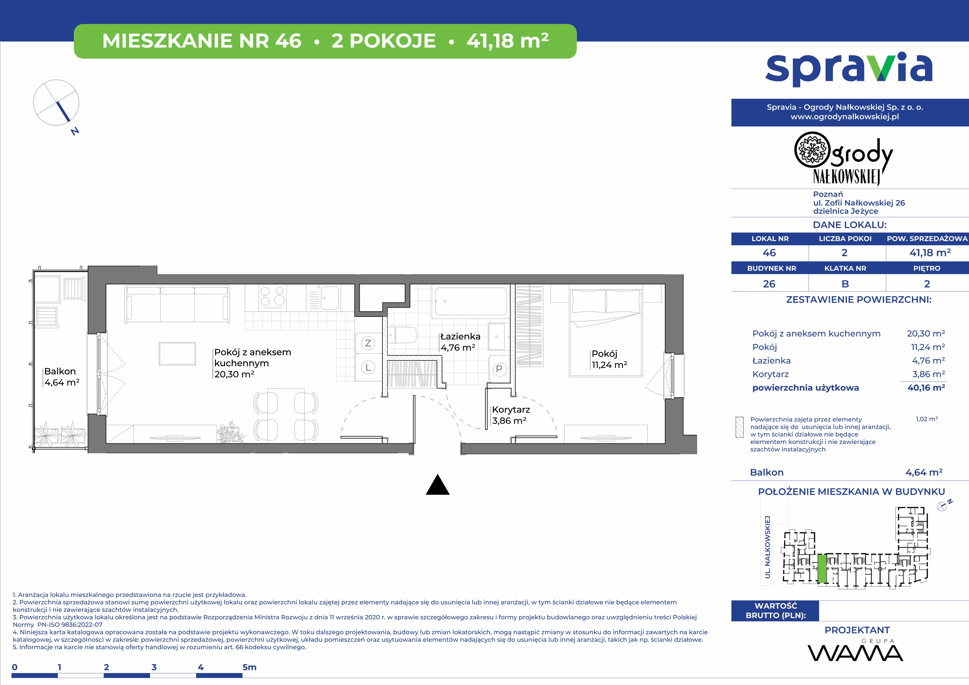 2 pokoje, mieszkanie 41,18 m², piętro 2, oferta nr 26-46, Ogrody Nałkowskiej, Poznań, Ogrody, ul. Nałkowskiej 24, 26